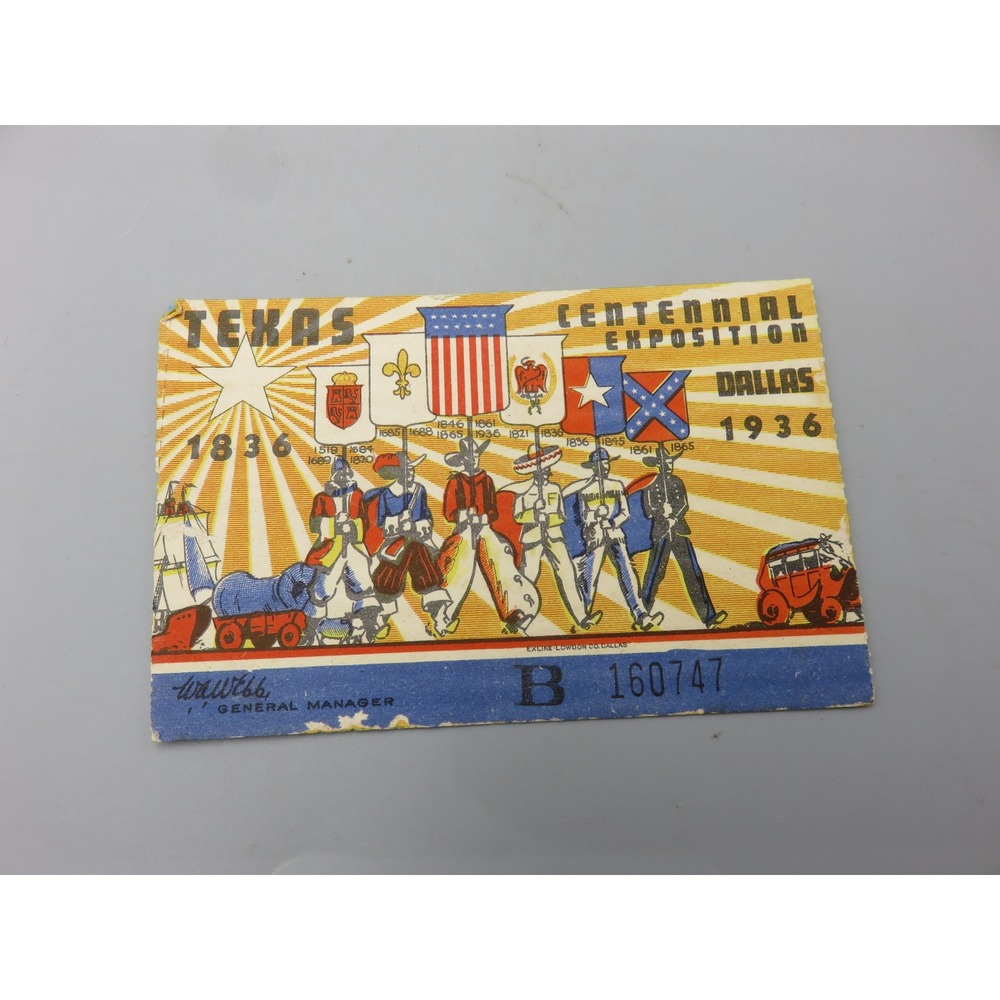 1936 Texas Centennial Exposition Dallas Ticket Stub Card B 160747 W.A. Webb
